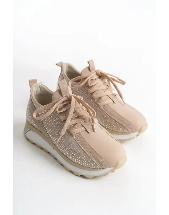 Alya Bağcıklı Ortopedik Taban Taşlı Kadın Sneaker Spor Ayakkabı Bt - Krem