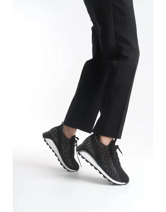 Alya Bağcıklı Ortopedik Taban Taşlı Kadın Sneaker Spor Ayakkabı Bt - Siyah