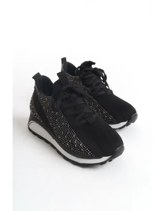 Alya Bağcıklı Ortopedik Taban Taşlı Kadın Sneaker Spor Ayakkabı Bt - Siyah