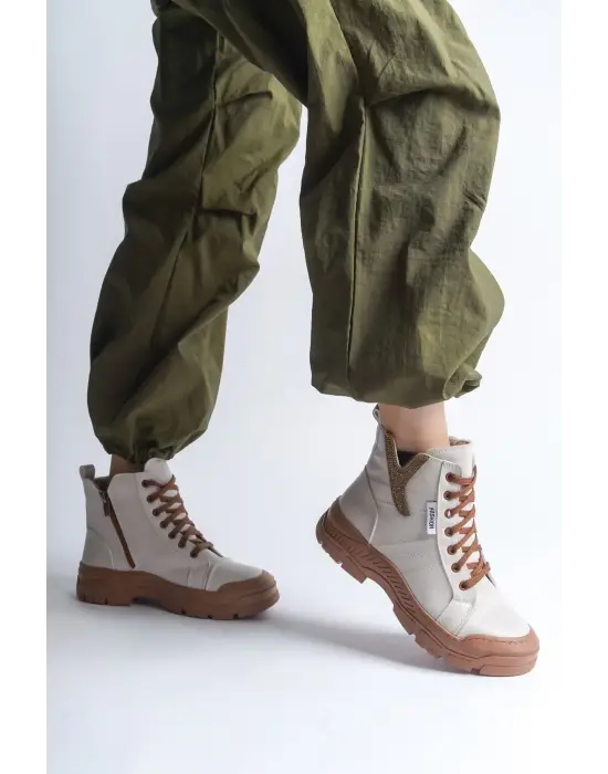 Amber Bağcıklı Fermuarlı Ortopedik Tabankadın Bot  Tt - Krem