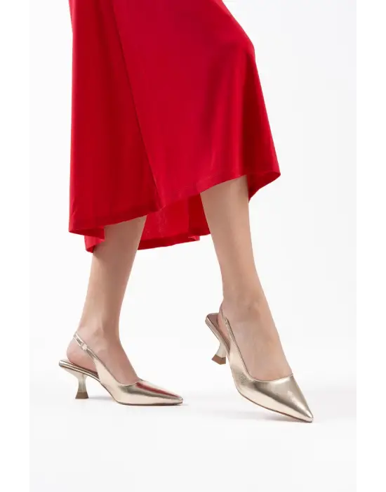 Angelica Kadın Altın Kırışık Rugan Topuklu Ayakkabı