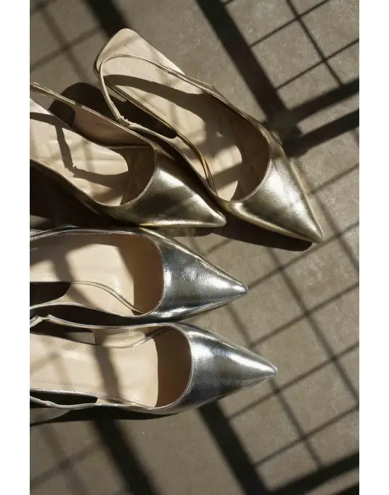 Angelica Kadın Altın Kırışık Rugan Topuklu Ayakkabı