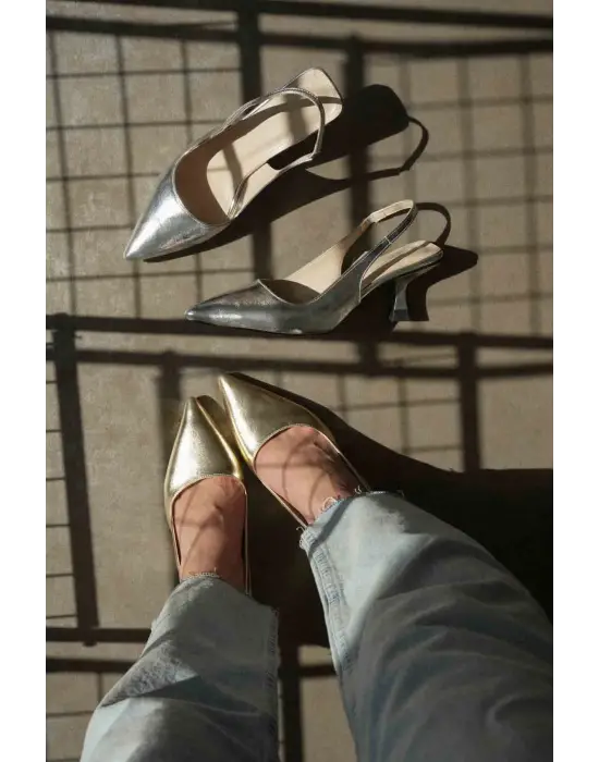 Angelica Kadın Altın Kırışık Rugan Topuklu Ayakkabı