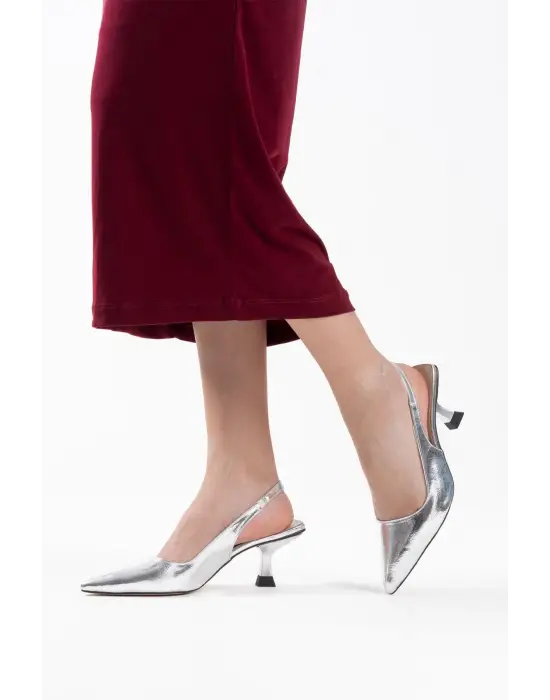 Angelica Kadın Gümüş Kırışık Rugan Topuklu Ayakkabı