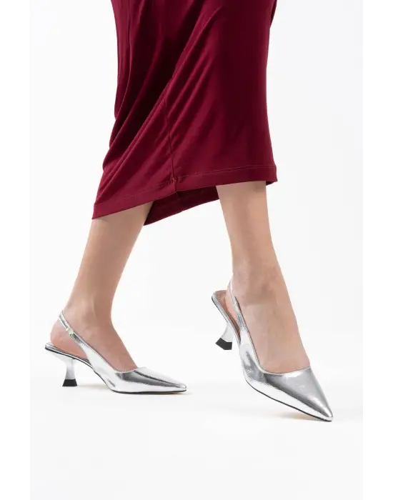 Angelica Kadın Gümüş Kırışık Rugan Topuklu Ayakkabı