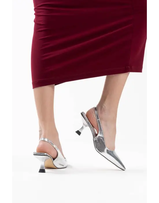 Angelica Kadın Gümüş Kırışık Rugan Topuklu Ayakkabı