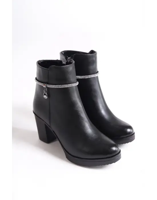 Arıa Fermuarlı Ortopedik Taban Taşlı Topuklu Kadın Bot St - Siyah