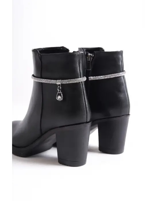Arıa Fermuarlı Ortopedik Taban Taşlı Topuklu Kadın Bot St - Siyah