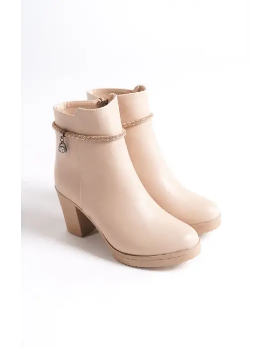 Arıa Fermuarlı Ortopedik Taban Taşlı Topuklu Kadın Bot Tt - Ten