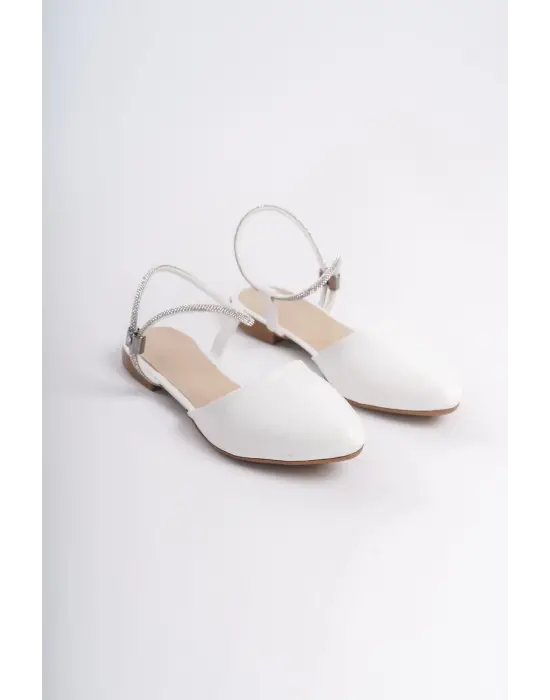 Arıana Lastikli Ortopedik Rahat Taban Bilekten Taş Detaylı Kadın Babet Ayakkabı  Kt - Beyaz