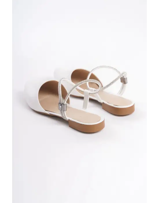 Arıana Lastikli Ortopedik Rahat Taban Bilekten Taş Detaylı Kadın Babet Ayakkabı  Kt - Beyaz