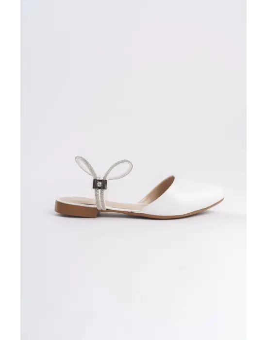 Arıana Lastikli Ortopedik Rahat Taban Bilekten Taş Detaylı Kadın Babet Ayakkabı  Kt - Beyaz