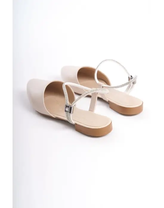 Arıana Lastikli Ortopedik Rahat Taban Bilekten Taş Detaylı Kadın Babet Ayakkabı  Kt - Krem