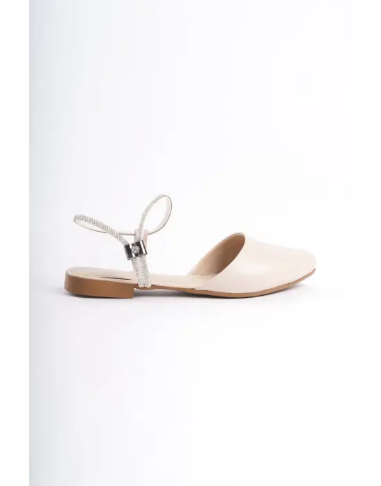 Arıana Lastikli Ortopedik Rahat Taban Bilekten Taş Detaylı Kadın Babet Ayakkabı  Kt - Krem