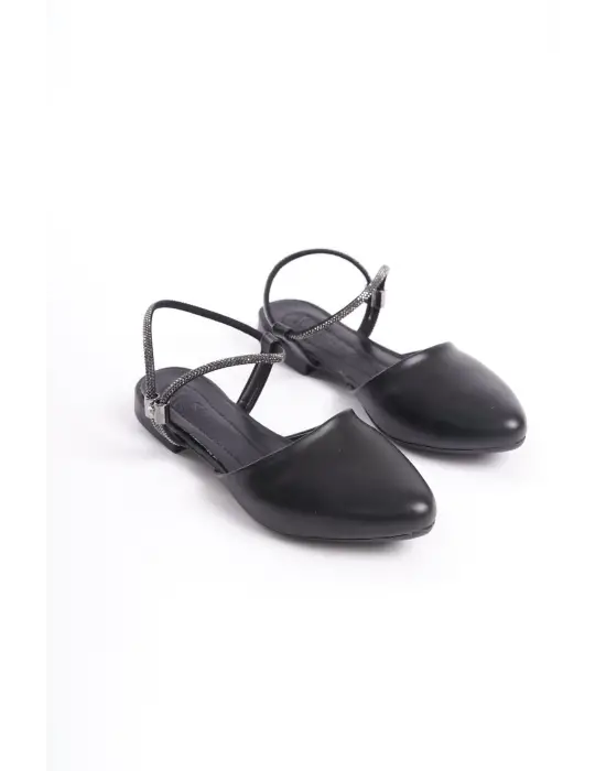 Arıana Lastikli Ortopedik Rahat Taban Bilekten Taş Detaylı Kadın Babet Ayakkabı  St - Siyah