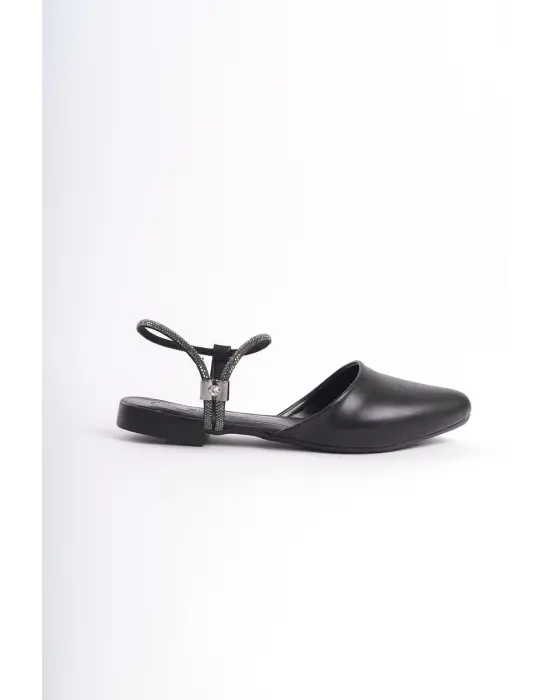 Arıana Lastikli Ortopedik Rahat Taban Bilekten Taş Detaylı Kadın Babet Ayakkabı  St - Siyah