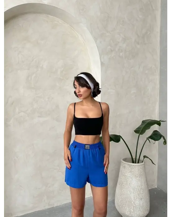 Armalı Keten Şort Saks Mavisi S251003