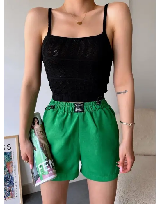 Armalı Keten Şort Yeşil S251003