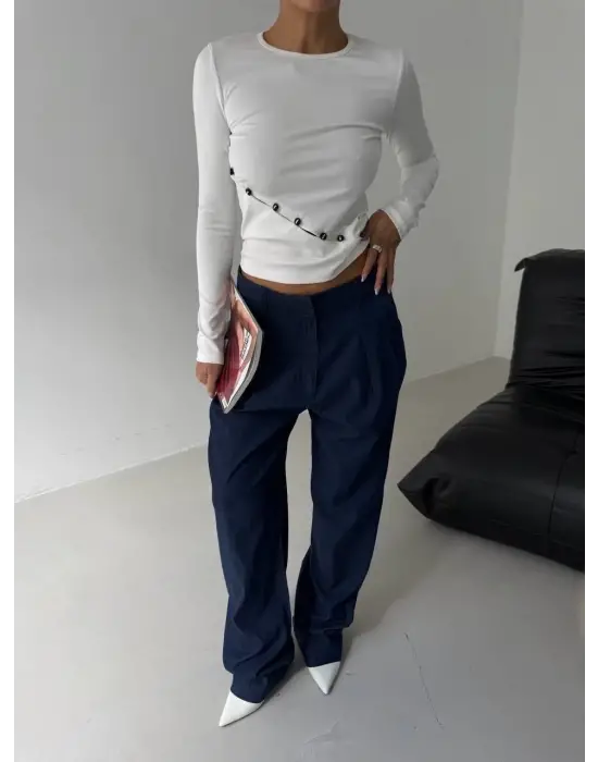 Asimetrik Alt Detaylı Bluz Beyaz