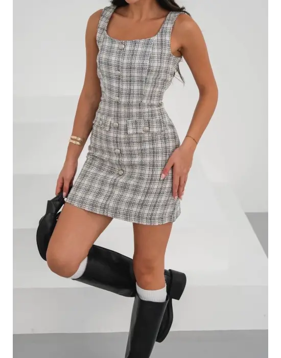 Askılı Ch Kumaş Düğmeli Elbise Gribeyaz H265007