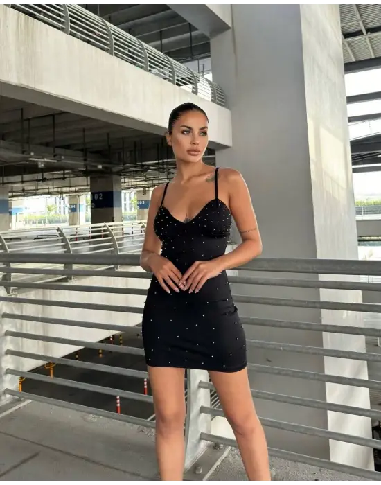 Askılı Taşlı Mini Elbise