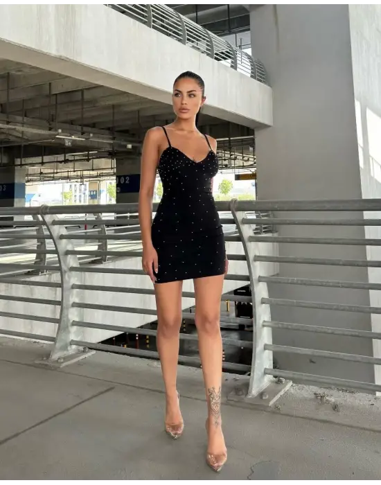 Askılı Taşlı Mini Elbise