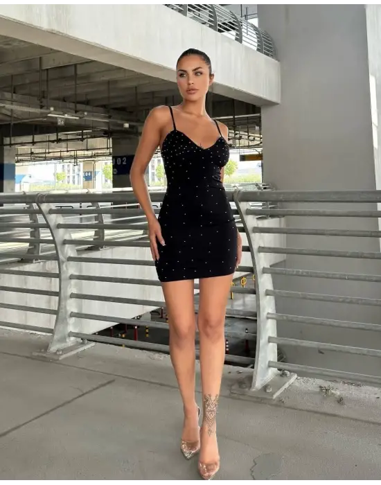 Askılı Taşlı Mini Elbise