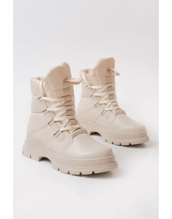Bej Bağcıklı Su Geçirmez Kadın Kar Botu