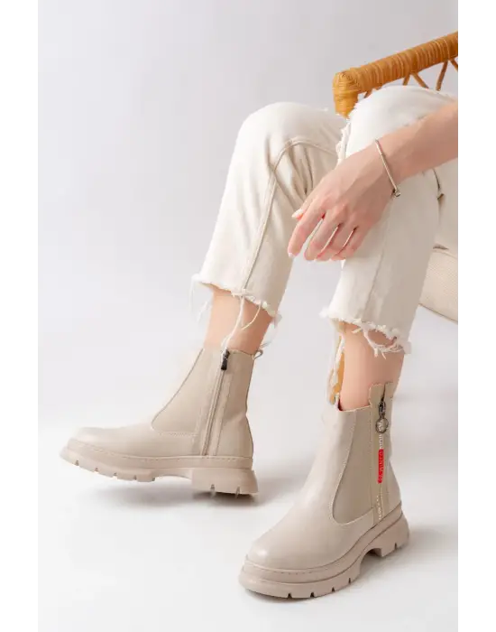 Bej Fashion Aksesuarlı Fermuarlı Günlük Kadın Bot