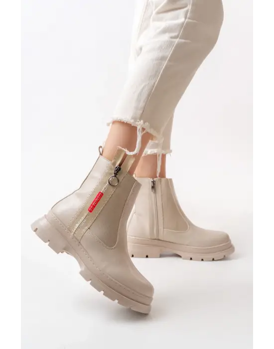 Bej Fashion Aksesuarlı Fermuarlı Günlük Kadın Bot