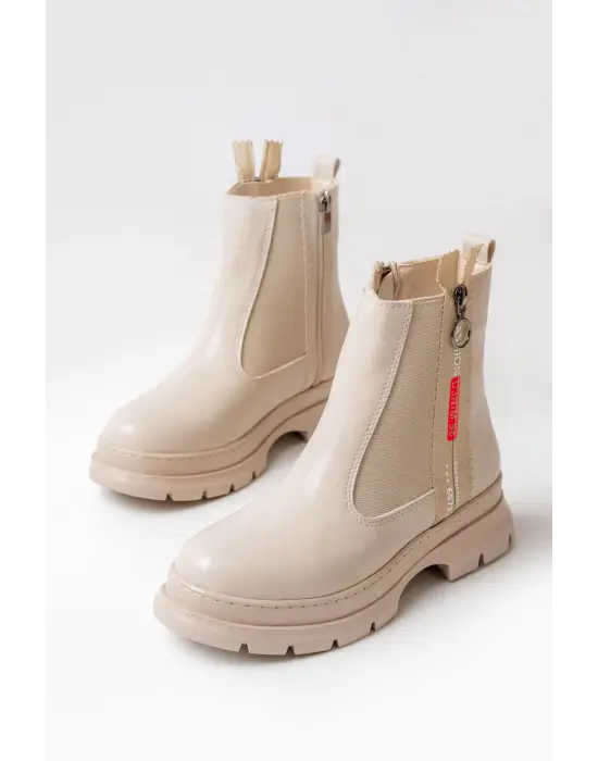 Bej Fashion Aksesuarlı Fermuarlı Günlük Kadın Bot