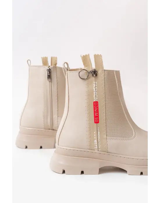 Bej Fashion Aksesuarlı Fermuarlı Günlük Kadın Bot