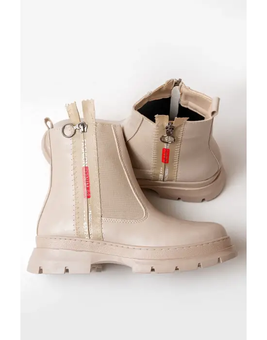 Bej Fashion Aksesuarlı Fermuarlı Günlük Kadın Bot