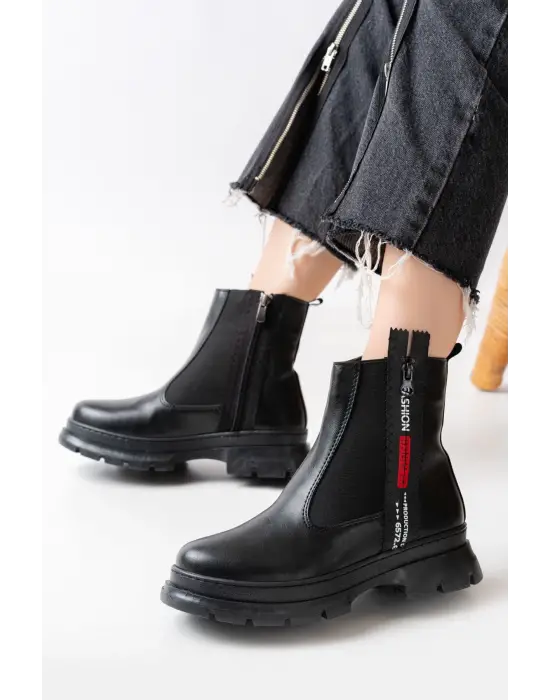Siyah Fashion Aksesuarlı Fermuarlı Günlük Kadın Bot