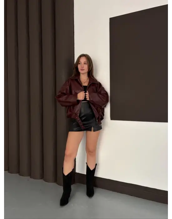 Astarlı Kemerli Pb Deri Ceket Bordo Onst