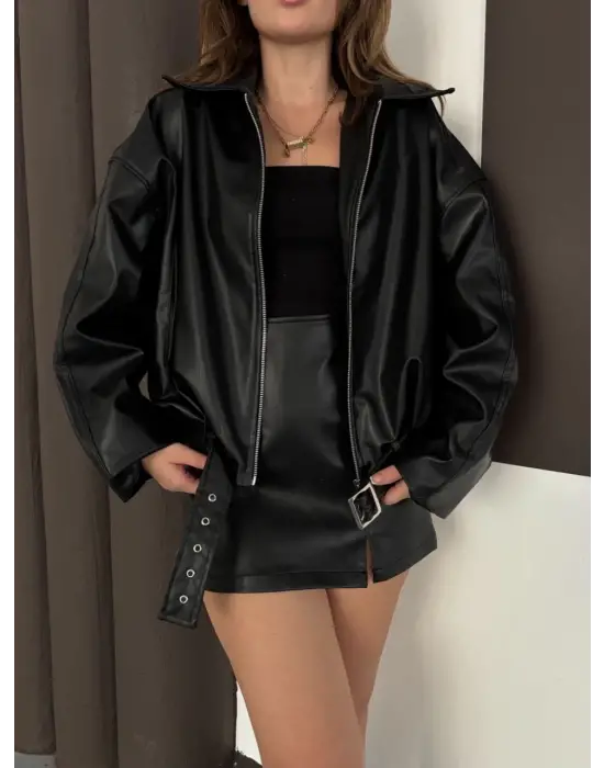 Astarlı Kemerli Pb Deri Ceket Siyah Onst