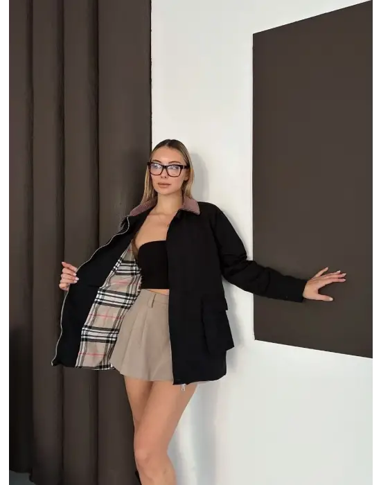 Astarlı Yaka Detaylı Artos Ceket Siyah St2651019