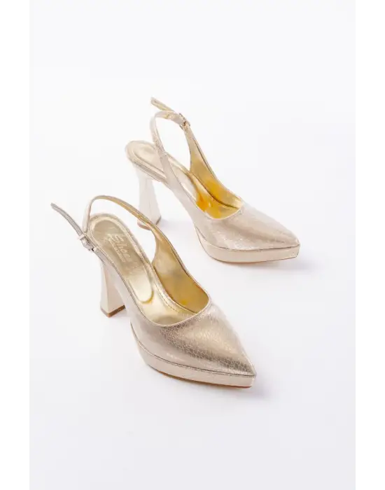 B-2101 Gold Günlük Arkası Açık Yılan Desenli Topuklu Bayan Ayakkabı