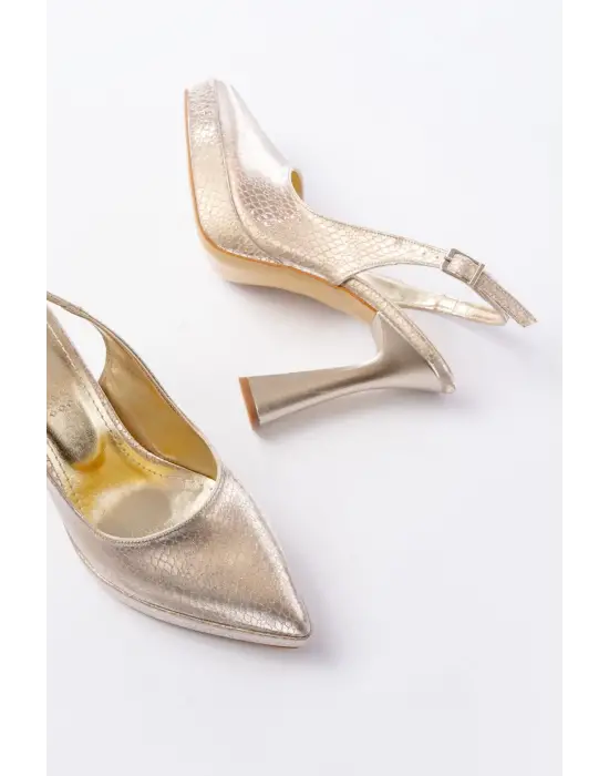 B-2101 Gold Günlük Arkası Açık Yılan Desenli Topuklu Bayan Ayakkabı