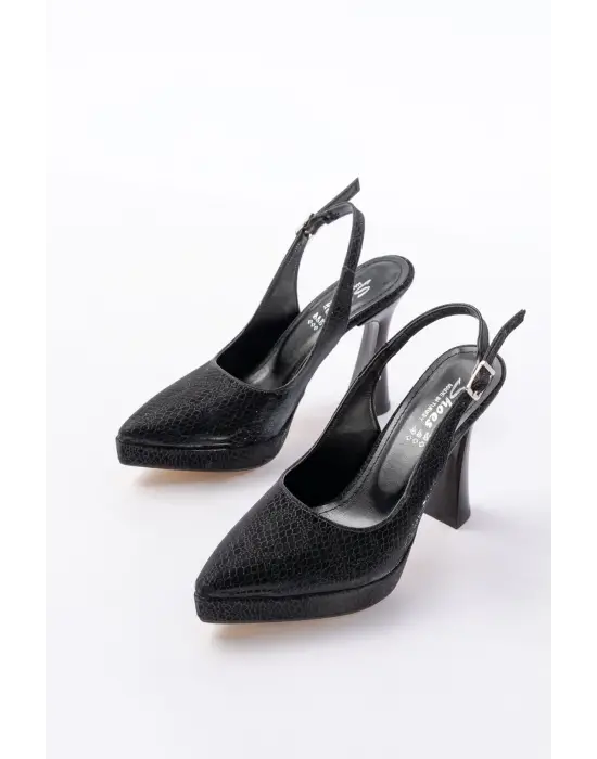 B-2101 Siyah Günlük Arkası Açık Yılan Desenli Topuklu Bayan Ayakkabı