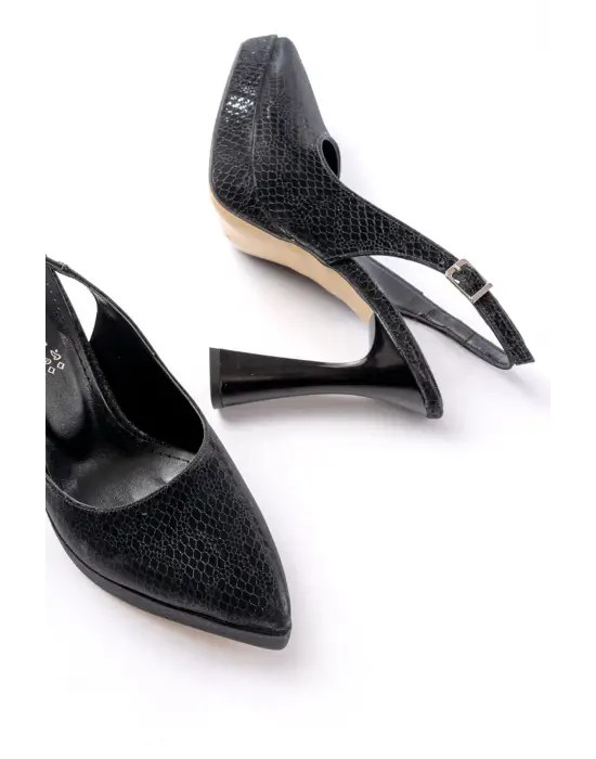 B-2101 Siyah Günlük Arkası Açık Yılan Desenli Topuklu Bayan Ayakkabı