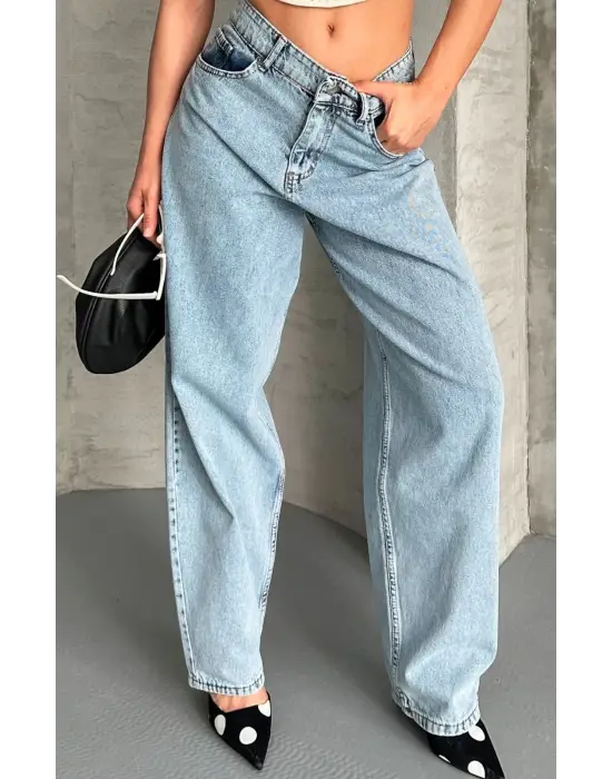 Baggy Kar Yıkama Buz Mavi Jeans Pantolon D2007