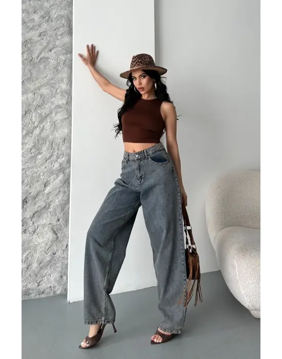 Baggy Kar Yıkama Eskitme Kahve Jeans Pantolon D2007