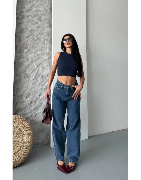 Baggy Kar Yıkama Jeans Pantolon Koyu Mavi D2007