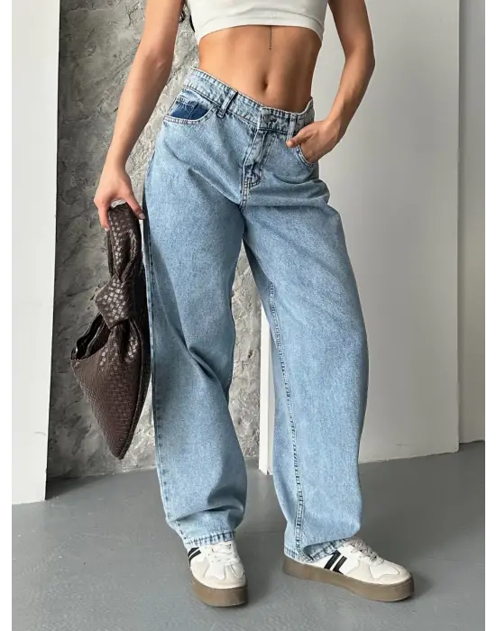 Baggy Kar Yıkama Orta Mavi Jeans Pantolon D2007