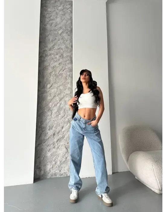 Baggy Kar Yıkama Orta Mavi Jeans Pantolon D2007