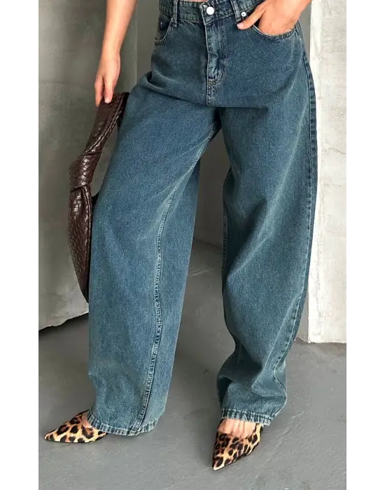 Baggy Kar Yıkama Yeşil Tint Jeans Pantolon D2007