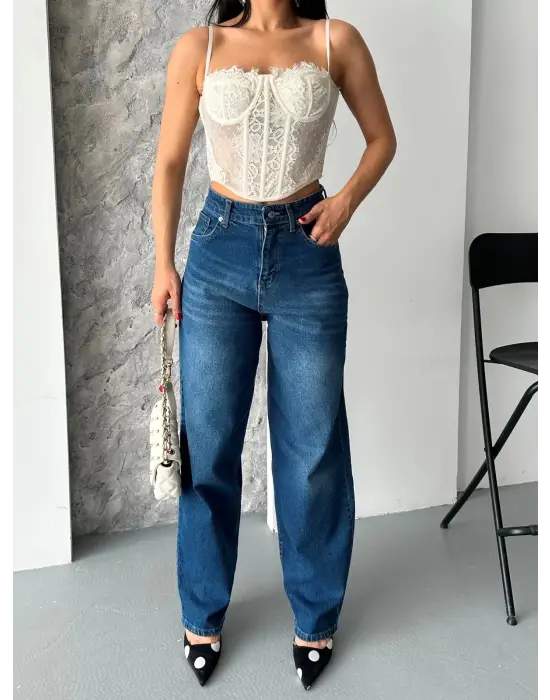 Baggy Süper Taş Bıyık Yıkama Koyu Mavi Jeans Pantolon D2007