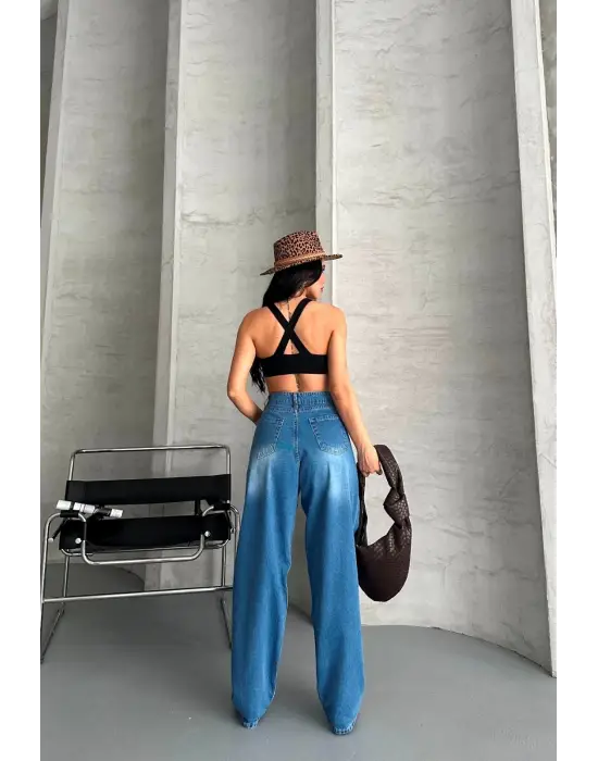 Baggy Süper Taş Bıyık Yıkama Mavi Jeans Pantolon D2007