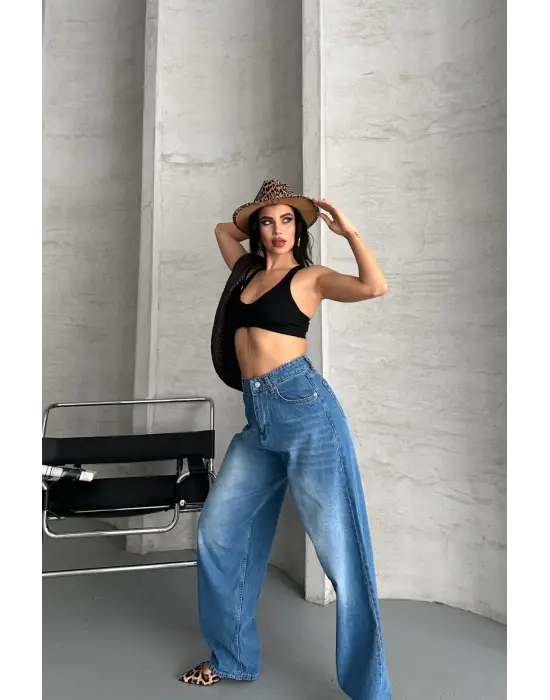 Baggy Süper Taş Bıyık Yıkama Mavi Jeans Pantolon D2007